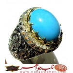 انگشترنفیس مردانه فیروزه عجمی نیشابوری همراه با شناسنامه بین المللی و رکاب فاخر مهدی رحمانی قلمزنی جنگی با دوازده قطعه برلیان