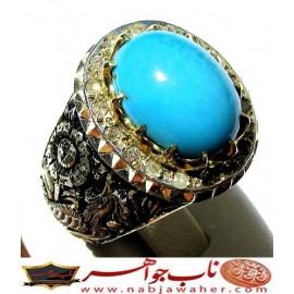 انگشترنفیس مردانه فیروزه عجمی نیشابوری همراه با شناسنامه بین المللی و رکاب فاخر مهدی رحمانی قلمزنی جنگی با دوازده قطعه برلیان