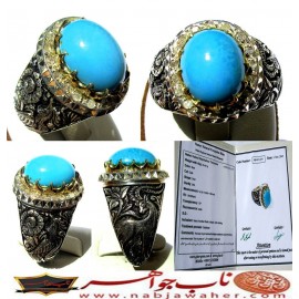 انگشترنفیس مردانه فیروزه عجمی نیشابوری همراه با شناسنامه بین المللی و رکاب فاخر مهدی رحمانی قلمزنی جنگی با دوازده قطعه برلیان