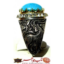 انگشترنفیس مردانه فیروزه عجمی نیشابوری همراه با شناسنامه بین المللی و رکاب فاخر مهدی رحمانی قلمزنی جنگی با دوازده قطعه برلیان