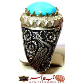 انگشترنفیس مردانه فیروزه عجمی نیشابوری همراه با شناسنامه بین المللی و رکاب فاخر مهدی رحمانی قلمزنی جنگی با دوازده قطعه برلیان