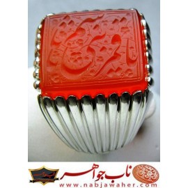 انگشترنفیس عقیق سرخ یمنی یا قمر بنی هاشم حکاکی محسن ضرغامی خط م ض ورکاب امیرلطفی