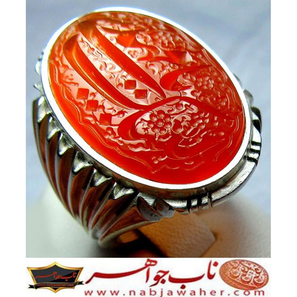 انگشترنفیس خطی مردانه عقیق_یمنی خط_میرزا،حکاکی محمدمجتبی_آتشباز،رکاب_استادسیدحسن_شیرازی،رکاب_سیدحسن وحکاکی-لبیک_یامهدی