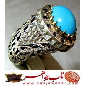 انگشترنفیس مردانه فیروزه طبع دار عجمی نیشابور رکاب نقره مرصع یاقوت دستسازمشهد استادمهدی رحمانی