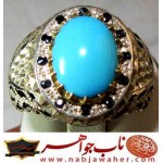 انگشترنفیس مردانه فیروزه طبع دار عجمی نیشابور رکاب نقره مرصع یاقوت دستسازمشهد استادمهدی رحمانی