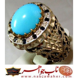 انگشترنفیس مردانه فیروزه طبع دار عجمی نیشابور رکاب نقره مرصع یاقوت دستسازمشهد استادمهدی رحمانی
