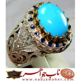 انگشترنفیس مردانه فیروزه طبع دار عجمی نیشابور رکاب نقره مرصع یاقوت دستسازمشهد استادمهدی رحمانی