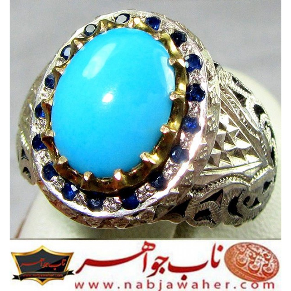 انگشترنفیس مردانه فیروزه طبع دار عجمی نیشابور رکاب نقره مرصع یاقوت دستسازمشهد استادمهدی رحمانی