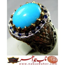 انگشترنفیس مردانه فیروزه طبع دار عجمی نیشابور رکاب نقره مرصع یاقوت دستسازمشهد استادمهدی رحمانی
