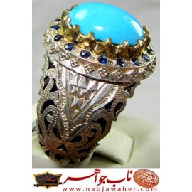 انگشترنفیس مردانه فیروزه طبع دار عجمی نیشابور رکاب نقره مرصع یاقوت دستسازمشهد استادمهدی رحمانی
