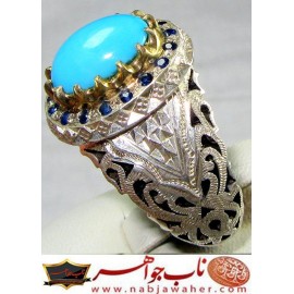انگشترنفیس مردانه فیروزه طبع دار عجمی نیشابور رکاب نقره مرصع یاقوت دستسازمشهد استادمهدی رحمانی