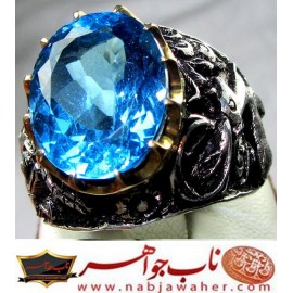 انگشترنقره مردانه توپاز اصیل همراه با شناسنامه بین المللی و رکاب فاخر احمدنامی قلمزنی جنگی