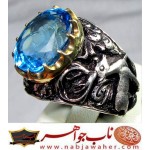 انگشترنقره مردانه توپاز اصیل همراه با شناسنامه بین المللی و رکاب فاخر احمدنامی قلمزنی جنگی