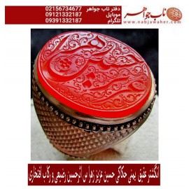 انگشترنقره مردانه خطی عقیق یمن خط مبین استاد حسین رضیعی رکاب نقره نفیس دستسازاستاد محمد افتخاری ذکر حسین عزیز زهرا