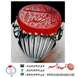 انگشترنفیس عقیق سرخ کهنه یمنی حکاکی یا مهدی خط دو امضا استاد جواد حیدری طه ورکاب تهران افتخاری