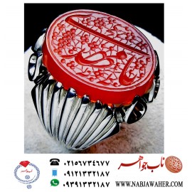 انگشترنفیس عقیق سرخ کهنه یمنی حکاکی یا مهدی خط دو امضا استاد جواد حیدری طه ورکاب تهران افتخاری