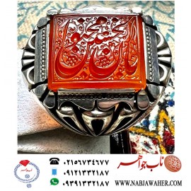 انگشترنفیس مردانه عقیق ناب یمنی خط اقل میرزا حکاکی مجتبی آتشباز و ذکر انا مجنون الحسین رکاب فاخر سفارش ناب جواهر