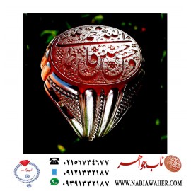 انگشترمجلل عقیق سرخ کهنه یمنی حکاکی اسما طیبه خمسه خط دو امضا استاد جواد حیدری طه ورکاب نقره مهرداد امینی