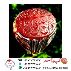 انگشترمجلل عقیق سرخ کهنه یمنی حکاکی اسما طیبه خمسه خط دو امضا استاد جواد حیدری طه ورکاب نقره مهرداد امینی