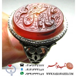 انگشترعقیق سرخ یمنی حکاکی یا علی اکبر حسین ع خط متین استاد اصغرپورورکاب نقره عقربی