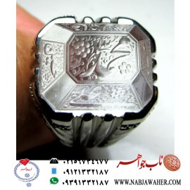 انگشترنفیس درّخاص شفاف نجف با تراش خاص و حکاکی اسماء خمسه طیبه ورکاب نقره ابکاری شده ایران کفیل