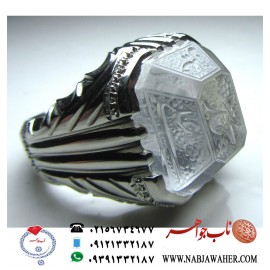 انگشترنفیس درّخاص شفاف نجف با تراش خاص و حکاکی اسماء خمسه طیبه ورکاب نقره ابکاری شده ایران کفیل