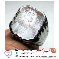 انگشترنفیس درّخاص شفاف نجف با تراش خاص و حکاکی اسماء خمسه طیبه ورکاب نقره ابکاری شده ایران کفیل