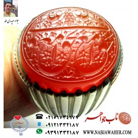 انگشترنفیس مردانه عقیق ناب یمنی و حکاکی قرینه علی مع الحق والحق مع علی خط دو امضا جواد حیدری طه  رکاب نقره دستساز 