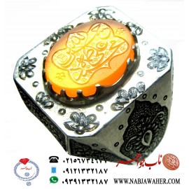 انگشترنفیس مردانه عقیق زرد زجاجی یمنی حکاکی الله محمد علی فاطمه حسن و حسین خط حقیر استادحسین امینی ورکاب سادات و قلمزنی فاتحی