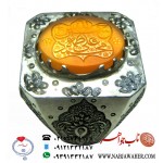 انگشترنفیس مردانه عقیق زرد زجاجی یمنی حکاکی الله محمد علی فاطمه حسن و حسین خط حقیر استادحسین امینی ورکاب سادات و قلمزنی فاتحی