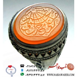 انگشترنفیس اسپرت عقیق سرخ کهنه یمنی حکاکی اللهم صل علی محمد و آل محمد خط حقیر استادحسین امینی ورکاب چهار اشک ایران عرفان